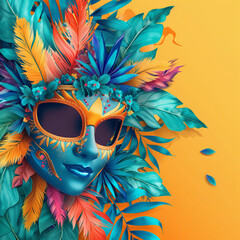 Vibrant Carnival Mask with Feathers and Floral Details on Yellow Background