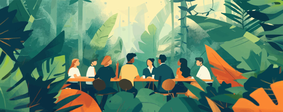 Corporate social responsibility meeting, with a close-up on eco-friendly materials and the engaged team, highlighting commitment to sustainability Vector flat minimalistic isolated illustration