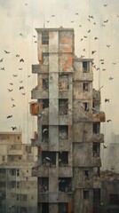 Old abandoned high-rise building with birds flying around against a foggy urban backdrop, showing urban decay and neglect.