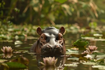 Fototapeta premium Newborn hippopotamus, new life and family concept