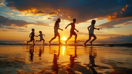 silhouette of happy 5 children on the sea beach at sunset happy family vacation at sea. long-awaited holidays