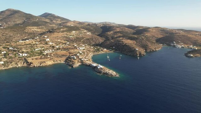 View of Chrysophygi Monastery and Paros on the south east coast of the island, Sifnos, Greece