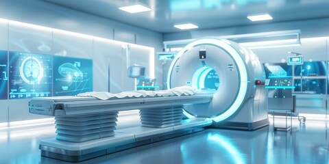 A futuristic hospital room with an mri scanner in the center, holographic display showing medical data around it, bed for patient and other equipment visible on background