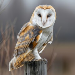 common barn owl perched on a wooden fence post, its piercing yellow eyes staring directly at the camera.