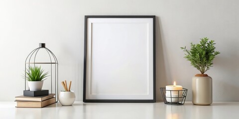 Obraz premium black and white framed poster with candles in a room with a plant in the corner.