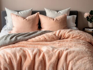 a bed with many pillows on it and a pink blanket on it