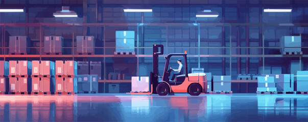 Forklift for moving items and boxes in a product warehouse, sorting and delivery technology machines. vector simple illustration