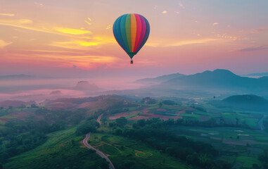 Naklejka premium Colorful hot air balloon flying over green valley with road and mountain background at sunrise, bucket list lifestyle concept