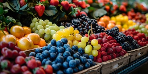 Fruit display at market stall showcasing colorful variety of fresh produce. Concept Fruit Display, Market Stall, Fresh Produce, Colorful Variety, Food Photography