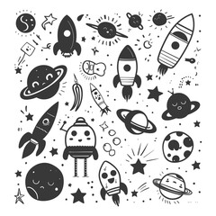 silhouette hand drawn cute outer space tools kawaii doodle collection set