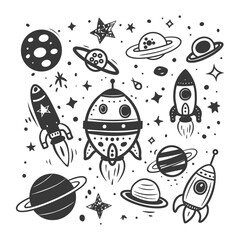 silhouette hand drawn cute outer space tools kawaii doodle collection set