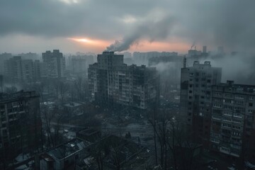 Fototapeta premium Post-Apocalyptic Cityscape with Smoke Over Ruined Buildings