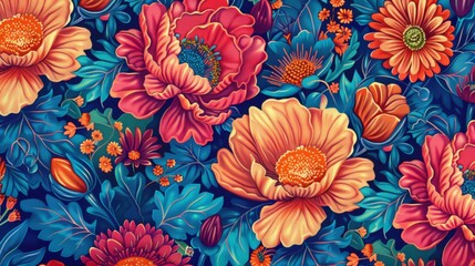 Create a repeating floral pattern with vibrant colors and intricate details, perfect for fabric design.