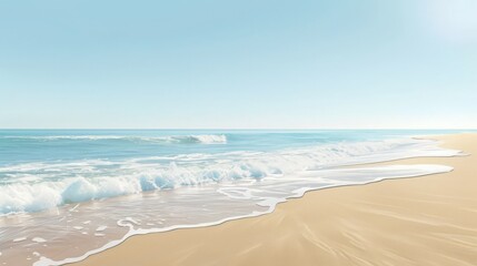Create a serene beach background with golden sands and gentle waves under a clear blue sky.