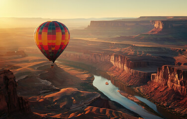 Colorful hot air balloon flying over green valley with road and mountain background at sunrise, bucket list lifestyle concept