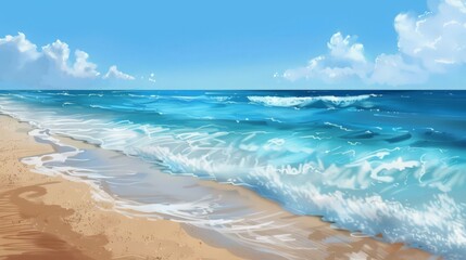 Create a serene beach background with golden sands and gentle waves under a clear blue sky.