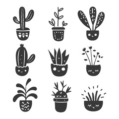 silhouette hand drawn cute plant kawaii doodle collection set