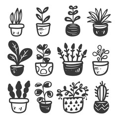 silhouette hand drawn cute plant kawaii doodle collection set