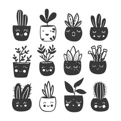 silhouette hand drawn cute plant kawaii doodle collection set