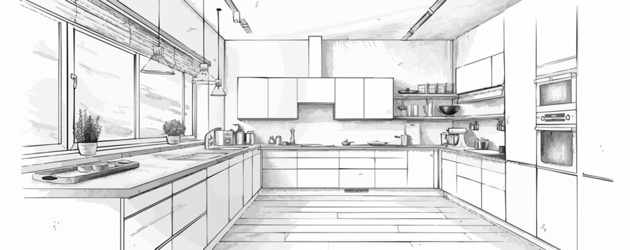 Drawing of the interior of a kitchen. Modern kitchen layout plans with furniture layouts. vector simple illustration