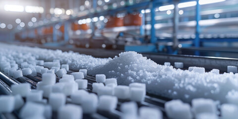 Packaged sugar packages moving along a conveyor belt, on the production line of a modern sugar packaging plant