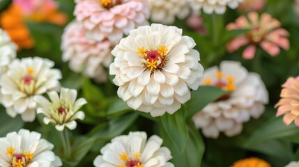 Fototapeta premium White pink Zinnia cultivar Northern Star blooms beautifully in a garden flower bed A close up macro shot