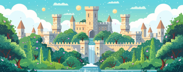Magical hilltop castle with lush gardens and fountains. Vector flat minimalistic isolate