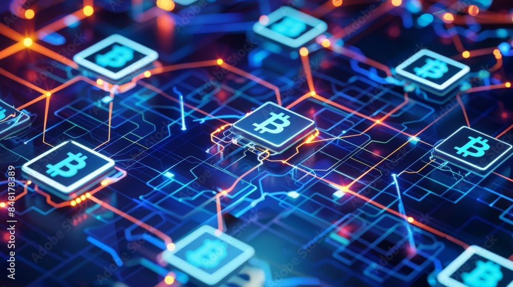 Poster create an image of a digital currency transaction taking place securely over a blockchain network.