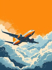 Obraz premium commercial airliner plane flying at high altitude through golden hour clouds in orange sky aviation digital illustration