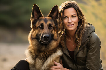Woman and Her German Shepherd Dog Bonding in Nature During Outdoor Adventure