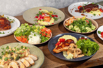 Food dishes for the menu Salads and appetizers,main courses and meat side dishes