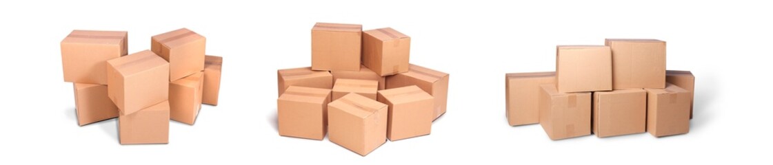 Title: cardboard pile or piles box or stack carton isolated on white background. Online marketing packaging boxes and delivery