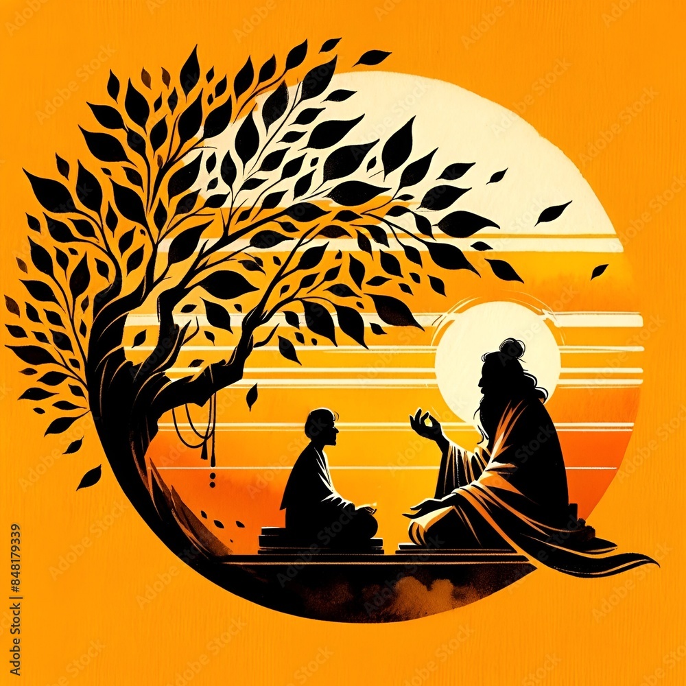 Sticker Illustration for guru purnima with a silhouette of guru with a disciple.