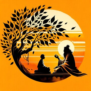 Illustration for guru purnima with a silhouette of guru with a disciple.