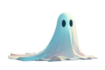 A cute cartoon ghost draped in a white sheet with large black eye holes, giving a playful and friendly, isolated on transparent background