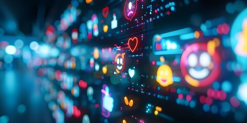 Hieroglyphs morph into emojis on screen in a digital transformation display. Concept Digital Transformation, Hieroglyphs, Emojis, Screen Display, Technology Evolution