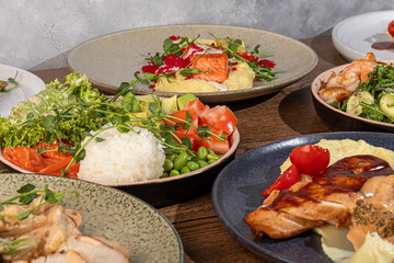 Food dishes for the menu Salads and appetizers,main courses and meat side dishes