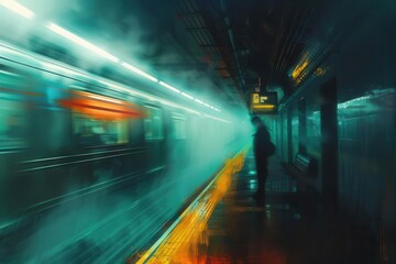 Fototapeta premium mysterious foggy subway platform with blurred commuter and rushing train digital painting