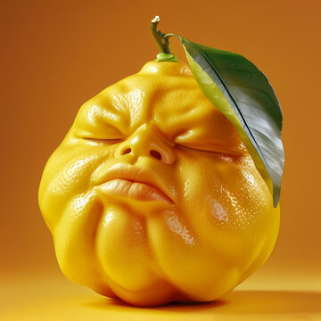 Naklejki Lemon fruit with an arrogant human face, against an orange background