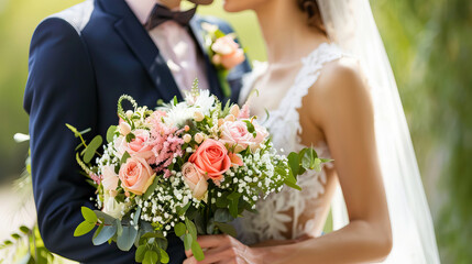 Bride and Groom with a Beautiful Wedding Bouquet