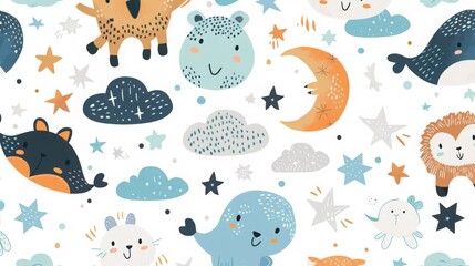 Design a whimsical pattern featuring cute animals, stars,