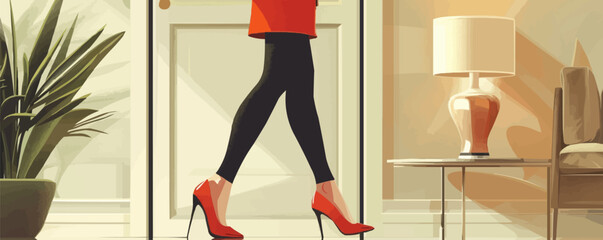 Close up of businesswoman taking off high heels while arriving in hotel room. Vector flat minimalistic isolated