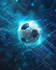Naklejka premium Poster futuristic glowing soccer ball with digital and neon effects, creating a dynamic and high-tech sports scene, perfect for technology, sports, and innovation concepts