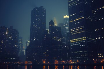 Urban Night Scene with Lit Windows