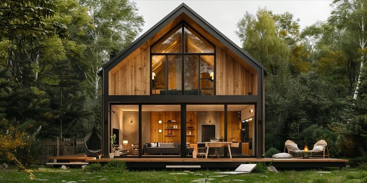 A small cabin in the woods with glass windows.