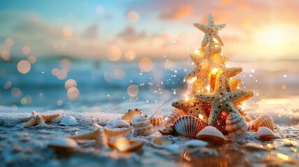 A beach scene with starfish and seashells forming the shape of an outdoor Christmas tree, set against a blurred background of waves in sunlight.