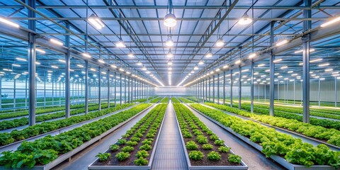 Futuristic greenhouse with bright white light growing food, greenhouse, futuristic, white light, food