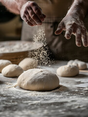 Obraz premium Bakery chef is sprinkling white flour by one hand from the top onto a smooth ball of dough on a table.