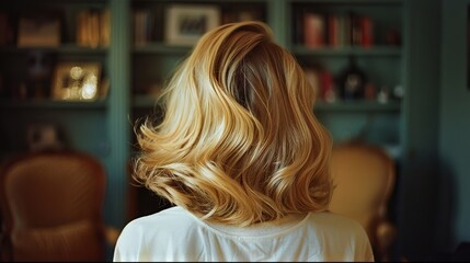 A woman with long blonde hair looking at the back of her head.