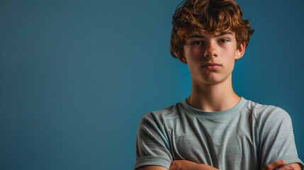 a Caucasian teenager showing determination on a studio background